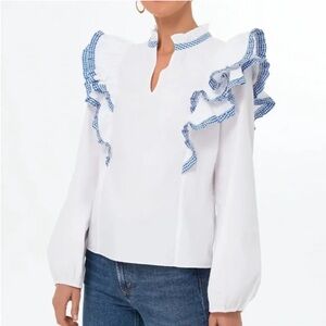 Hyacinth House Blue White Long Gingham Trim Sleeve Ruffle Blouse.‎ Small. NWT.